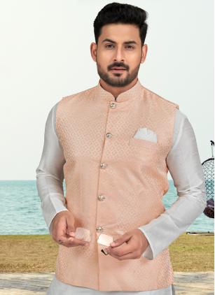 
                      Banarasi Silk Jacquard Work Off White and Peach Kurta Pyjama with Jacket