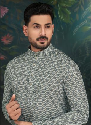 
                      Grey and Cream Embroidered Kurta Pyjama in Rayon
