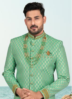 
                      Banarasi Jacquard Buttons Zari Work Sea Green Wedding Sherwani
