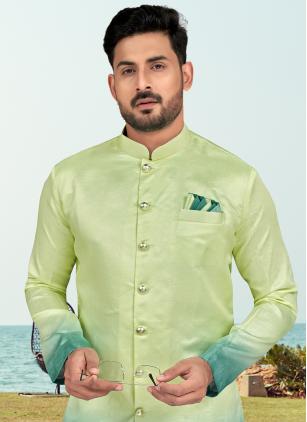 
                      Blue and Sea Green Buttons and Print Work Indo Western