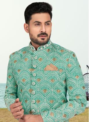 
                      Rama Banarasi Silk Machine Embroidery Work Sherwani Mens Wear