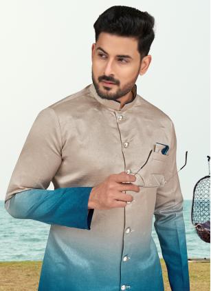 
                      Silk Blue and Grey Buttons Work Indo Western