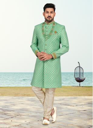
                      Banarasi Jacquard Buttons Zari Work Sea Green Wedding Sherwani