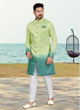 
                      Blue and Sea Green Buttons and Print Work Indo Western