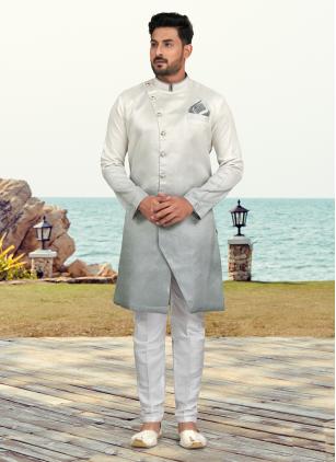 
                      Buttons and Print Work Silk Indo Western in Grey Colour