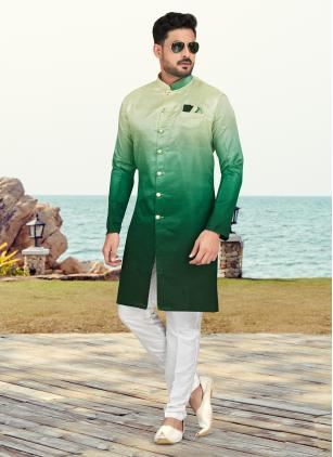 
                      Green Print Work Silk Ceremonial Indo Western