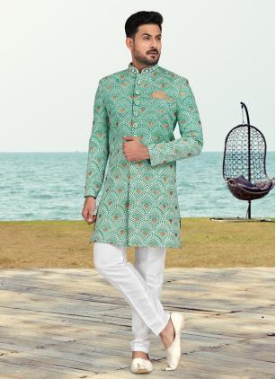 
                      Rama Banarasi Silk Machine Embroidery Work Sherwani Mens Wear