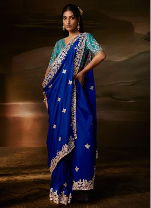 
                      Sequins and Zari Work Ceremonial Blue Organza Saree