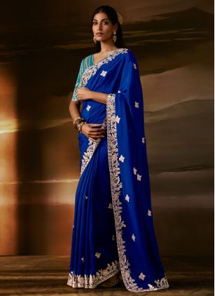 
                      Sequins and Zari Work Ceremonial Blue Organza Saree