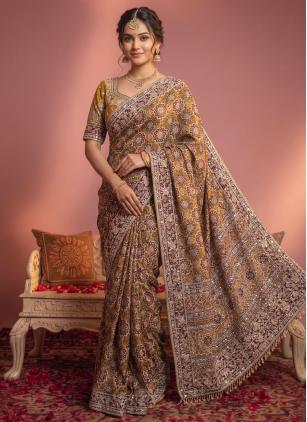 
                      Faux Crepe Mustard Saree With Handwork