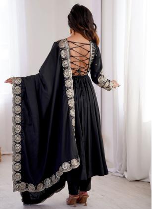 
                      Black Embroidered Silk Readymade Salwar Kameez