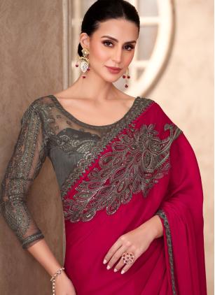 
                      Border Faux Chiffon Red Classic Saree for Wedding