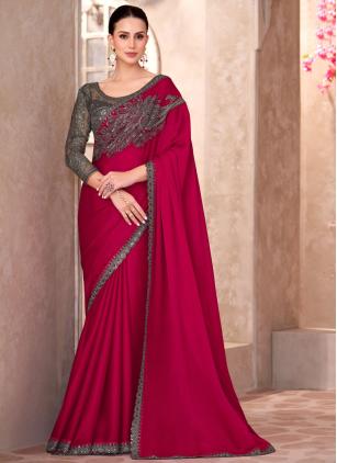 
                      Border Faux Chiffon Red Classic Saree for Wedding