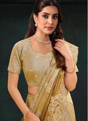 
                      Ceremonial Gold Silk Beads Work Contemporary Saree