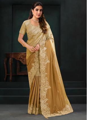 
                      Ceremonial Gold Silk Beads Work Contemporary Saree