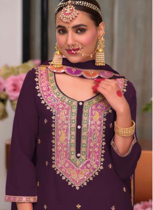 
                      Embroidered Chinon Purple Palazzo Salwar Suit