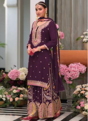 
                      Embroidered Chinon Purple Palazzo Salwar Suit