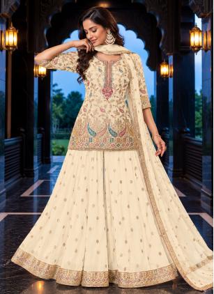 
                      Cream Chinon Embroidered Work Readymade Salwar Kameez