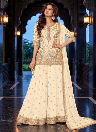 
                      Cream Chinon Embroidered Work Readymade Salwar Kameez