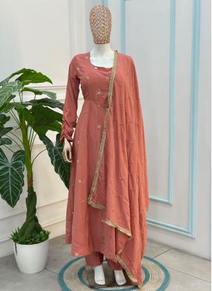 Crepe Silk Embroidered Peach Anarkali Salwar Kamee