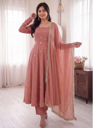 Crepe Silk Embroidered Peach Anarkali Salwar Kamee