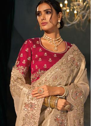 
                      Adorable Engagement Saree Beige Cut Dana Handwork for Bride