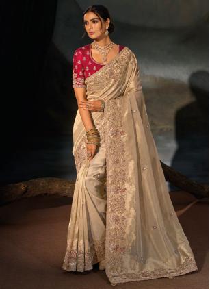 
                      Adorable Engagement Saree Beige Cut Dana Handwork for Bride