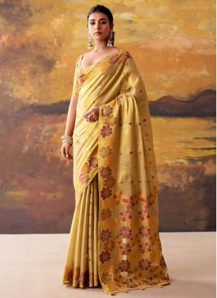 
                      Adorable Festival Yellow Tissue Printed Trendy Saree