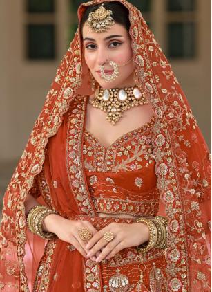 
                      Bridal Orange Handwork Beads Designer Lehenga Choli