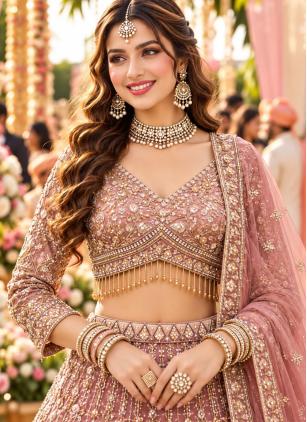 
                      Bridal Pink Beads Embroidered Fancy Fabric Designer Lehenga Choli
