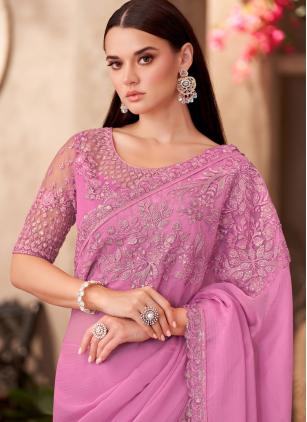 
                      Pink Border Embroidered Faux Chiffon Designer Saree