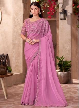 
                      Pink Border Embroidered Faux Chiffon Designer Saree