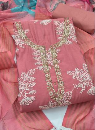 
                      Pink Cotton Silk Embroidered Pant Style Suit With Dupatta