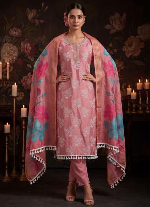 
                      Pink Cotton Silk Embroidered Pant Style Suit With Dupatta