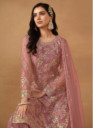 
                      Pink Net Embroidered Trendy Salwar Kameez for Engagement