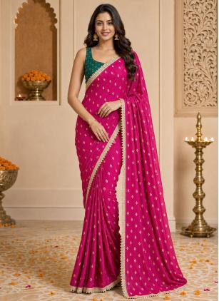 
                      Adorable Rani Printed Lace Georgette Trendy Saree
