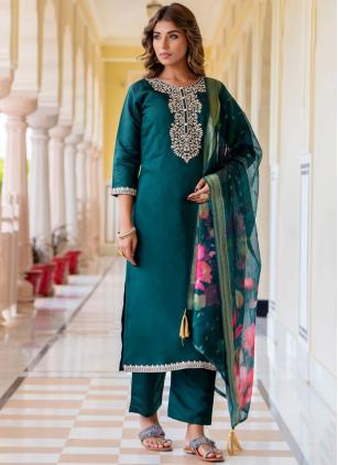 
                      Rayon Embroidered Blue and Teal Readymade Salwar Suit