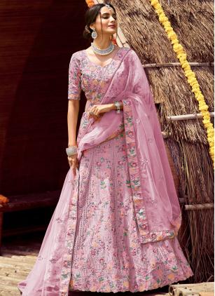 
                      Pink Satin Sequins Work Lehenga Choli for Engagement
