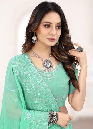
                      Faux Georgette Sea Green Embroidered Designer Saree