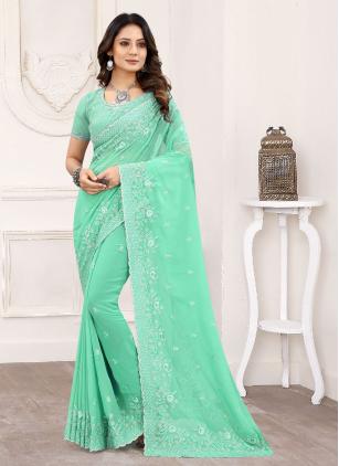 
                      Faux Georgette Sea Green Embroidered Designer Saree