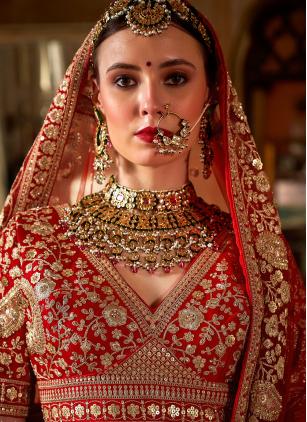 
                      Red Silk Pearls Sequins Embroidered Bridal Lehenga Choli