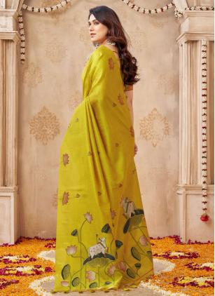 
                      Adorable Weaving Yellow Jute Linen Traditional Saree For Festival