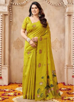 
                      Adorable Weaving Yellow Jute Linen Traditional Saree For Festival