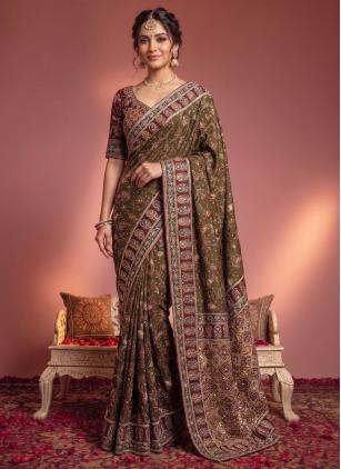 
                      Designer Mirror and Aari Work Faux Crepe Green Classic Saree