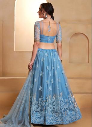 
                      Aqua Blue Net Embroidered Festive Lehenga Choli