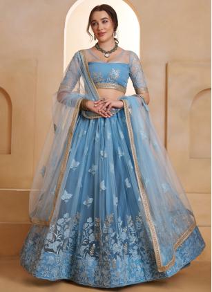 
                      Aqua Blue Net Embroidered Festive Lehenga Choli