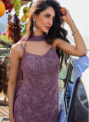 
                      Embroidered Beads Lavender Georgette Palazzo Salwar Kameez