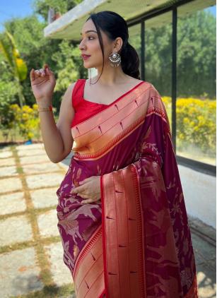 
                      Burgundy Woven Silk Contemporary Saree