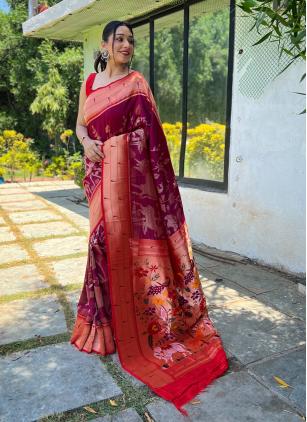
                      Burgundy Woven Silk Contemporary Saree