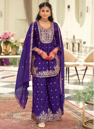 
                      Chinon Embroidered Purple Palazzo Salwar Kameez